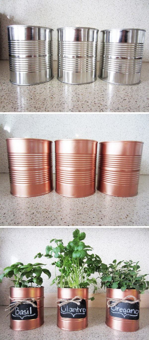 DIY Copper Tin Can Planters And Chalkboard Tags. 