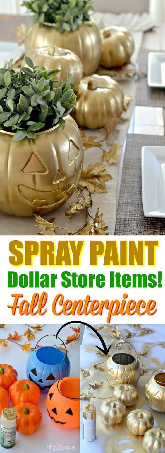Spray Paint Fall Centerpiece With Dollar Store Pumpkins. 