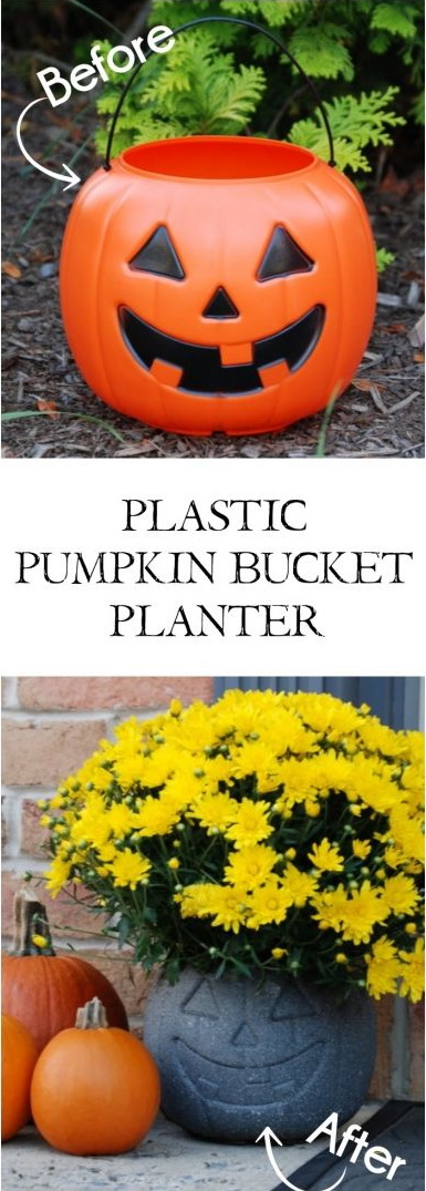 Turn a $1 Plastic Pumpkin Bucket into an Awesome Stone-Look Planter with Just Some Specialty Spray Paint. 